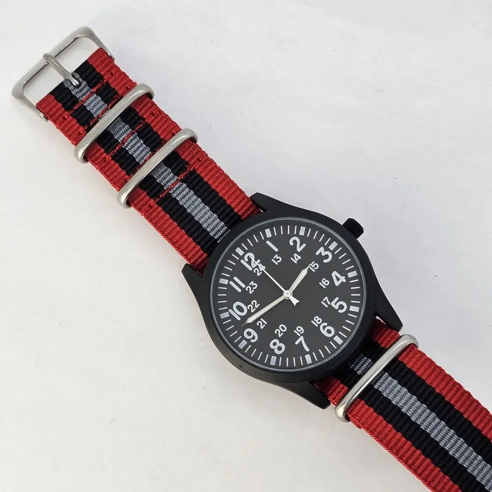Field Men's Watch 42MM Black Case Black Dial Red Black Gray‎ Canvas Band Strap